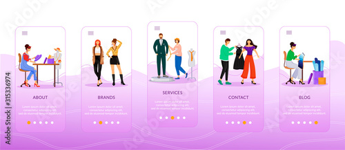 Designers work onboarding mobile app screen flat vector template. Fashion services, blogs, brands. Walkthrough website steps with characters. UX, UI, GUI smartphone cartoon interface, case prints set
