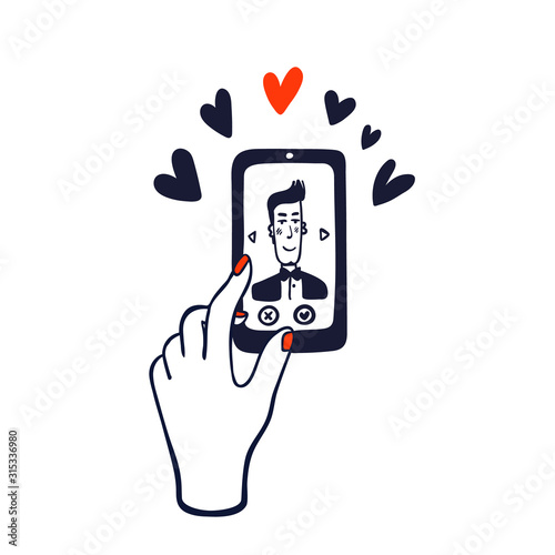 Online dating service. hand swiping photos of men on the phone screen. Mobile phone application. Doodle style vector illustration