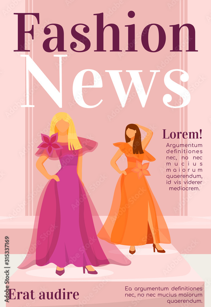 Fashion news magazine cover template. Designer clothes. Journal mockup design. Vector page layout with flat character. Runway models outfits advertising cartoon illustration with text space Fashion news magazine cover template. Designer clothes. Journal mockup design. Vector page layout with flat character. Runway models outfits advertising cartoon illustration with text space