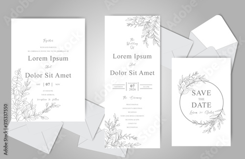 Elegant Hand drawn Wedding invitation cards template with Beautiful Leaves