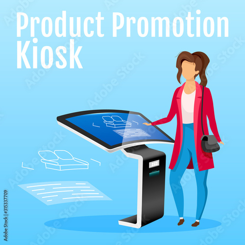 Product promotion kiosk social media post mockup. Freestanding interactive machine web banner design template. Woman with touch screen monitor content layout. Poster and flat illustration