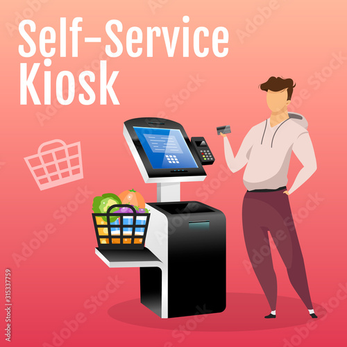 Self service kiosk social media post mockup. Store payment machine web banner design template. Shopping online counter booster, content layout. Interactive freestanding construction poster
