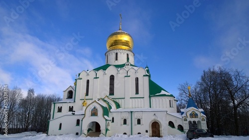 Feodorovsky Monarchic Cathedral with a golden dome - the favorite Russian orthodox church of Emperor Nicholas II, located in the suburb of St. Petersburg, in the city of Pushkin, Russia. Blue sky photo