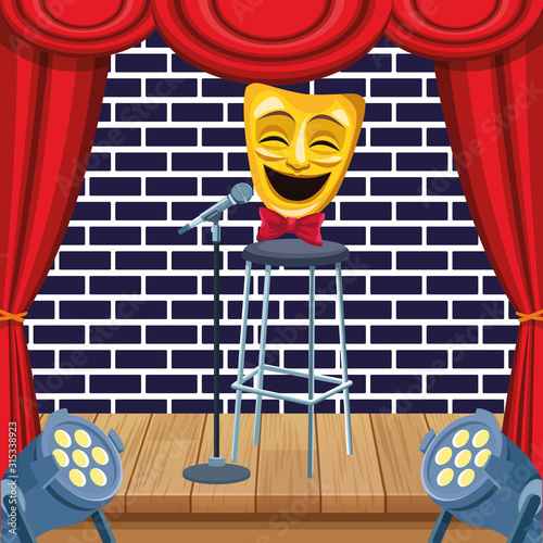 comedy theater mask microphone stool lights wall brick stand up comedy show