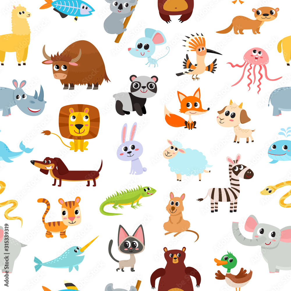 Fototapeta premium Cute cartoon animals alphabet pattern isolated on white.