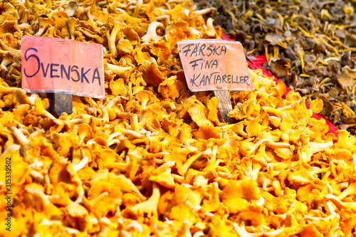 Fresh Canterelles on food market in Stockholm. photo