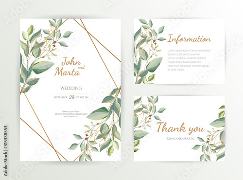 Wedding invite. Set of card with leaves and geometrical frame. Design with forest green leaves, eucalyptus, fern & golden geometric frame. Floral Trendy templates for banner, flyer, poster, greeting. 