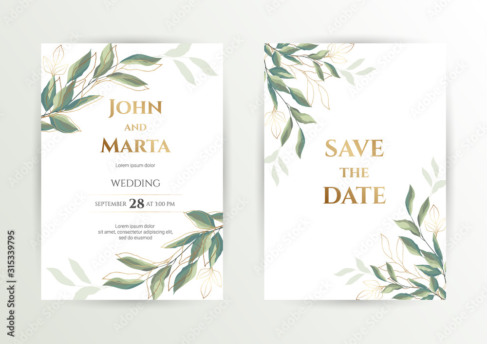 Obraz Wedding invite. Set of card with leaves and geometrical frame. Design with forest green leaves, eucalyptus, fern & golden geometric frame. Floral Trendy templates for banner, flyer, poster, greeting.
