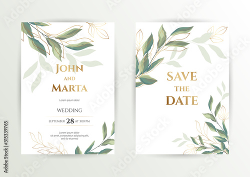 Wedding invite. Set of card with leaves and geometrical frame. Design with forest green leaves, eucalyptus, fern & golden geometric frame. Floral Trendy templates for banner, flyer, poster, greeting. 