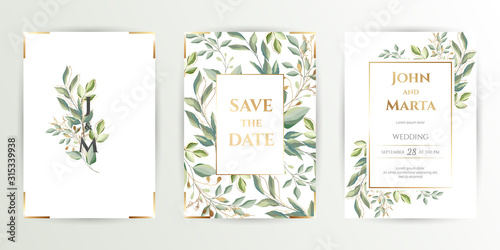 Wedding invite. Set of card with leaves and geometrical frame. Design with forest green leaves, eucalyptus, fern & golden geometric frame. Floral Trendy templates for banner, flyer, poster, greeting. 