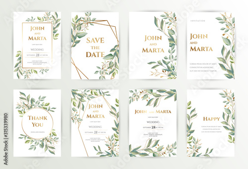 Wedding invite. Set of card with leaves and geometrical frame. Design with forest green leaves, eucalyptus, fern & golden geometric frame. Floral Trendy templates for banner, flyer, poster, greeting. 