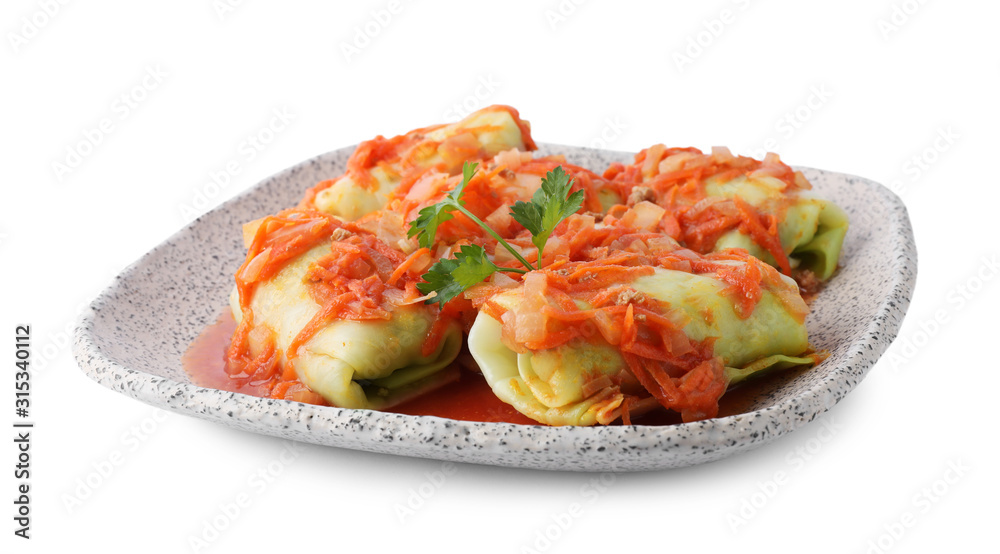 Delicious cabbage rolls with sauce isolated on white Delicious cabbage rolls with sauce isolated on white