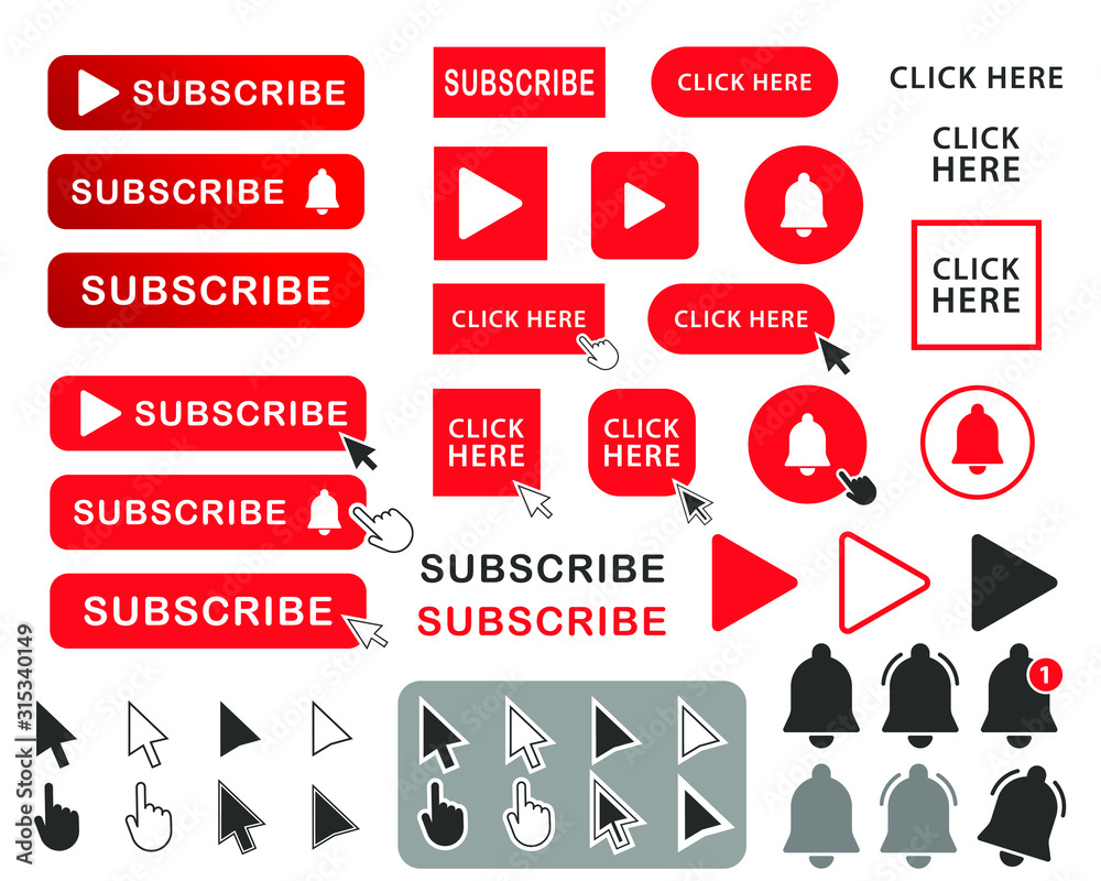 Subscribe icon shape sign set. Red button subscribe to channel, blog ...