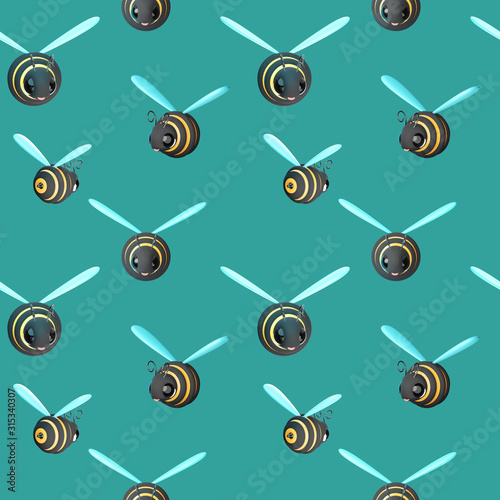 Foto Seamless pattern with cute striped bees or bumblebees in different angles on a pastel blue background