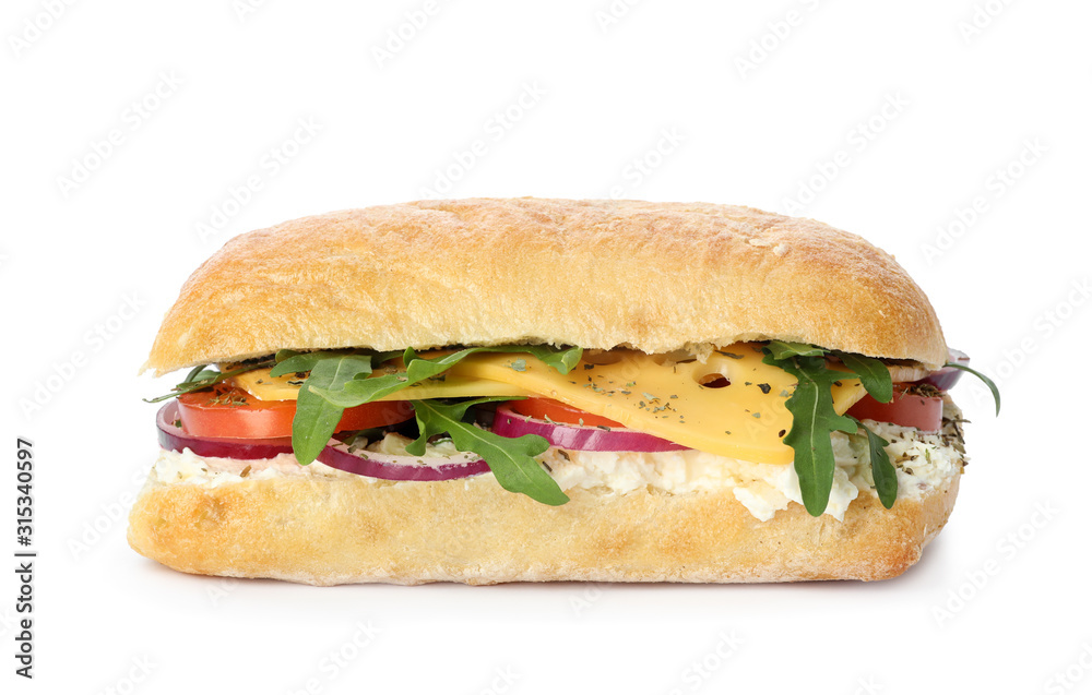 Delicious sandwich with fresh vegetables and cheese isolated on white Delicious sandwich with fresh vegetables and cheese isolated on white