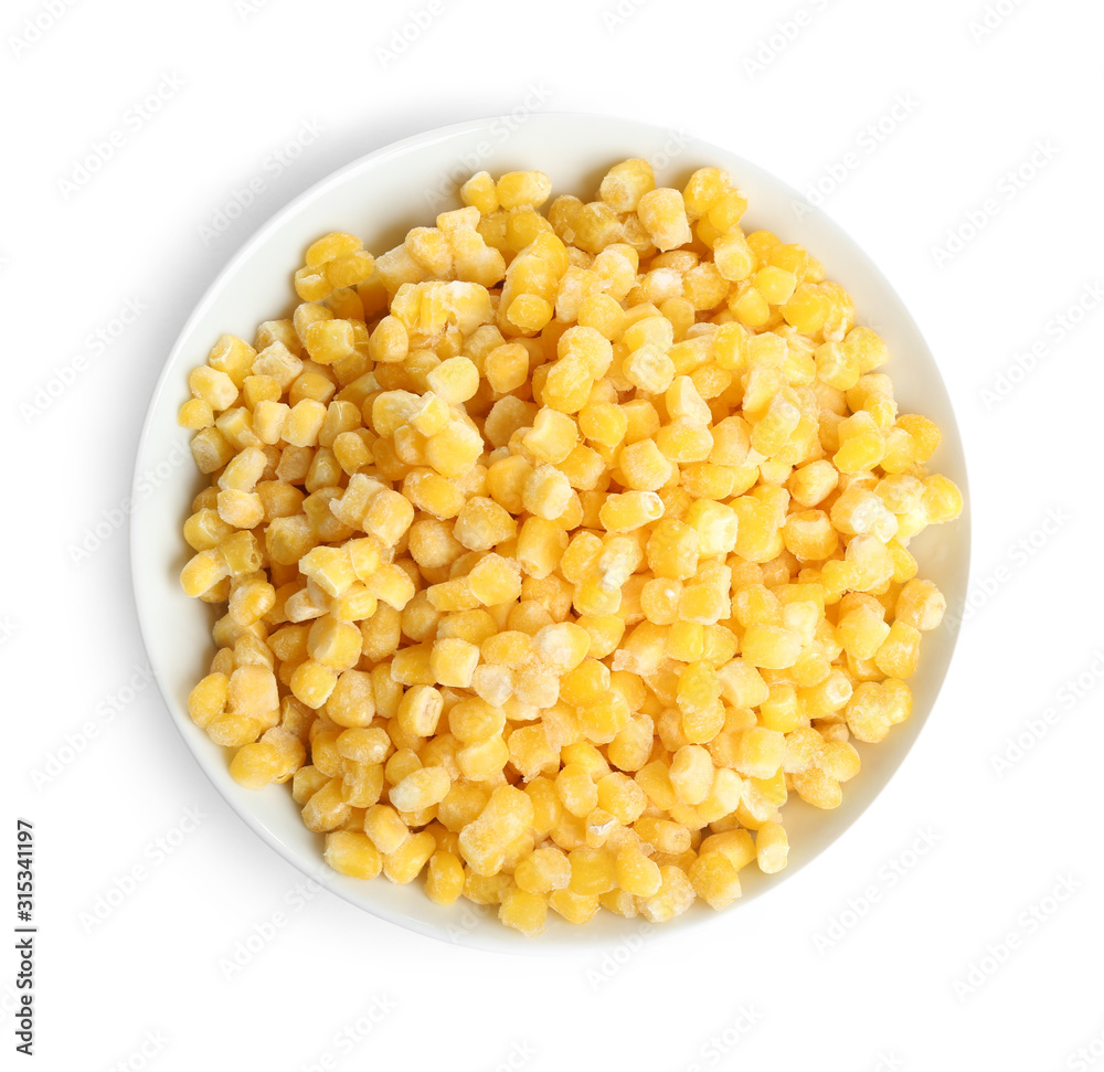 Frozen corn in bowl isolated on white, top view. Vegetable preservation Frozen corn in bowl isolated on white, top view. Vegetable preservation