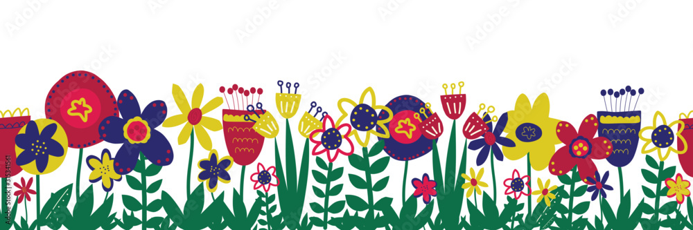 Flower meadow seamless vector border. Hand drawn doodle florals and leaves repeating pattern blue pink yellow green. Use for greeting cards, surface decoration, ribbons, fabric trim, Easter, footer