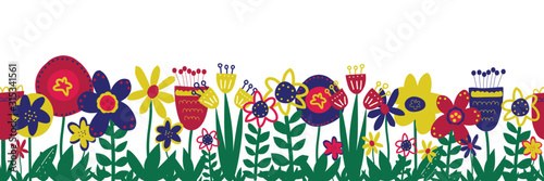 Flower meadow seamless vector border. Hand drawn doodle florals and leaves repeating pattern blue pink yellow green. Use for greeting cards, surface decoration, ribbons, fabric trim, Easter, footer