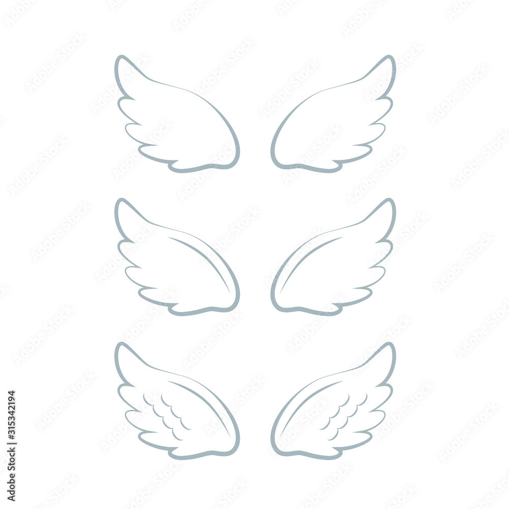 Flying angel wings with gold nimbus. Wings and nimbus. Angel winged glory halo cute cartoon drawings illustration vector set