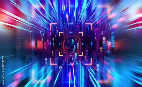 Fototapeta Naklejka Na Ścianę i Meble -  Digital technology. High speed data transfer. Information flow in 3D illustration. Movement in futuristic neon cyberspace