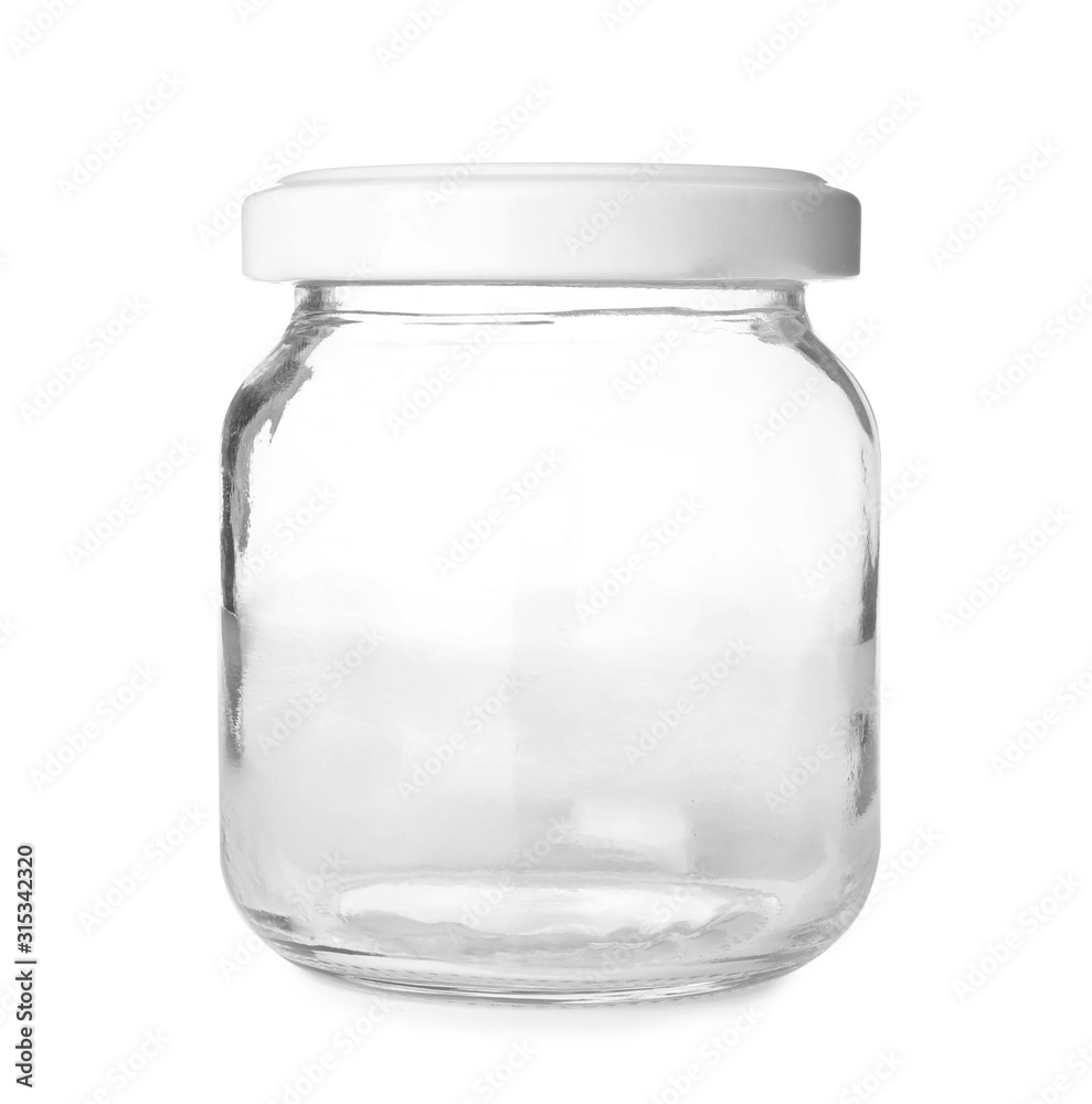 Closed empty glass jar isolated on white Closed empty glass jar isolated on white