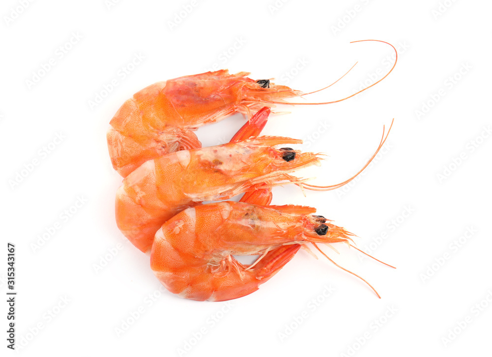 Delicious cooked shrimps isolated on white, top view Delicious cooked shrimps isolated on white, top view
