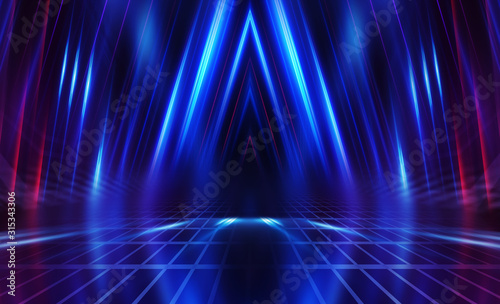 Empty dark abstract background. Background of empty show scene. Glow of neon lights on an empty concert venue. Reflection of light on the pavement.