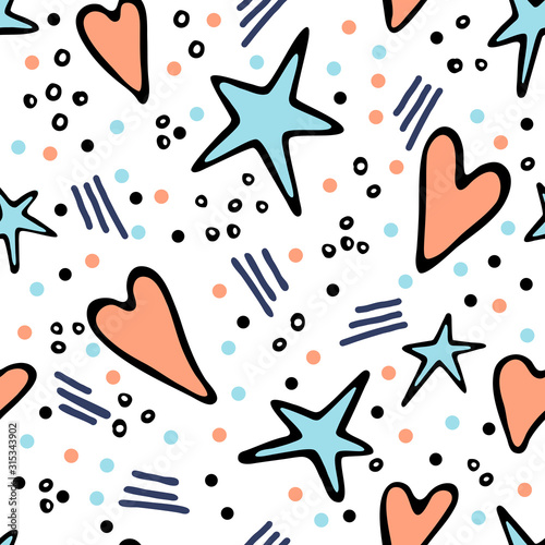 Doodle vector pattern with hearts and stars.