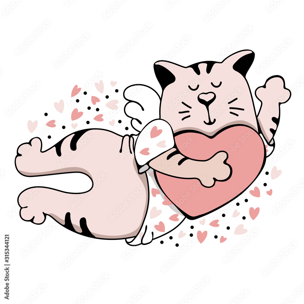 Cute flying cat with wings holding pink heart. Vector character. Valentine's Day hand drawn card. With hearts elements. Romance and dating holiday greeting card, t-shirt, poster design. Cartoon style Stock Vector | Cute flying cat with wings holding pink heart. Vector character. Valentine's Day hand drawn card. With hearts elements. Romance and dating holiday greeting card, t-shirt, poster design. Cartoon style Stock Vector |