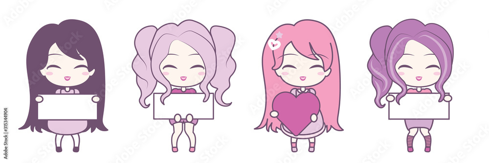 Set collections of cute girls holding hearts and frames. Set collections of cute girls holding hearts and frames.