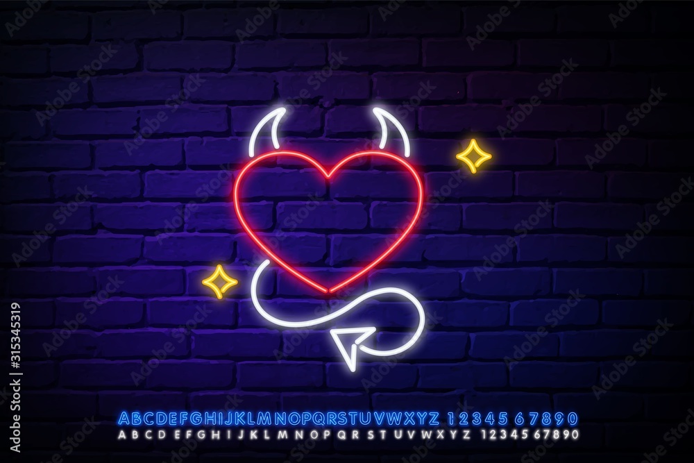 Neon Heart with horns and tail like devil. Love symbol icon made of neon lamps with illumination. Vector illustration.