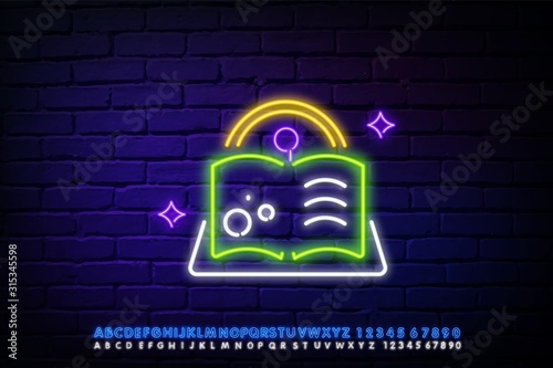 Spell book neon light icon. Glowing sign with hand. Black magic old spellbook. Witchcraft & sorcery ancient item. Antique grimoire. Fairytale book. Vector isolated illustration