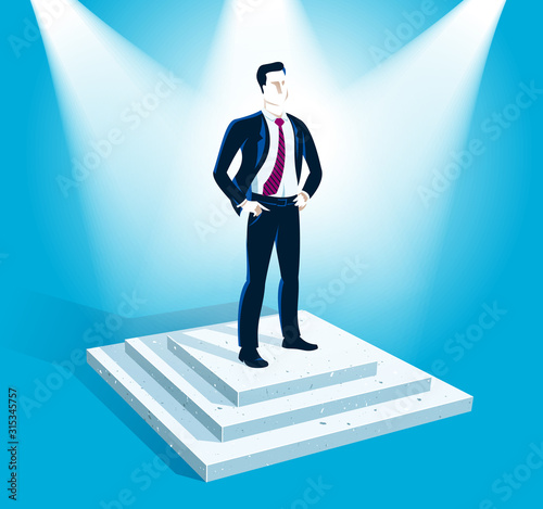 Businessman standing on podium vector illustration, success and career progress concept, leadership competition ambitions, gorgeous handsome business man.