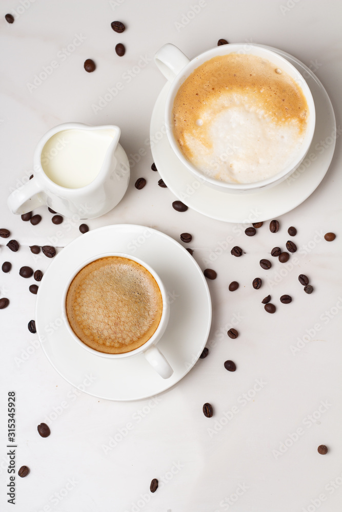 Fototapeta premium different types of coffee on a white background top view and coffee beans