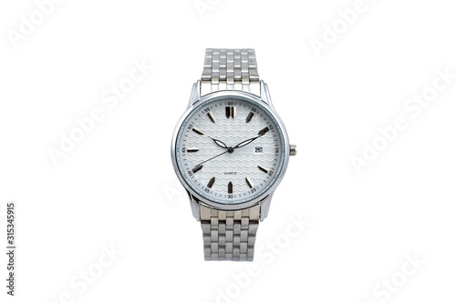 Vintage white wristwatch with silver color strap, classic round shape, numberless wrist watch with metal strap, white clock face dial. Isolated on white background.