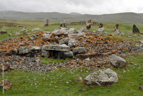 Megalithic construction Zorats Qarer (Qarahunj) is located in the centre of Yerablur plateau. Outskirts of Sisian town, Armenia. photo