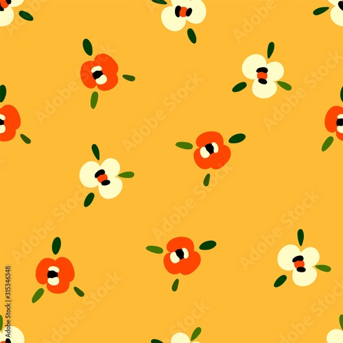 Cute ethnic floral pattern with abstract flowers on the yellow background. In Scandinavian style. For textiles, wallpapers, designer paper, etc