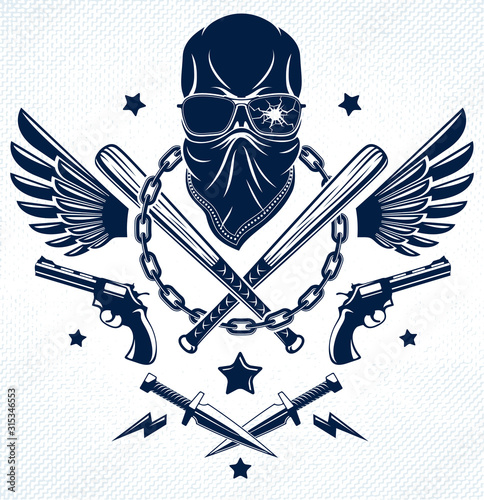 Criminal tattoo ,gang emblem or logo with aggressive skull baseball bats and other weapons and design elements, vector, bandit ghetto vintage style, gangster anarchy or mafia theme.