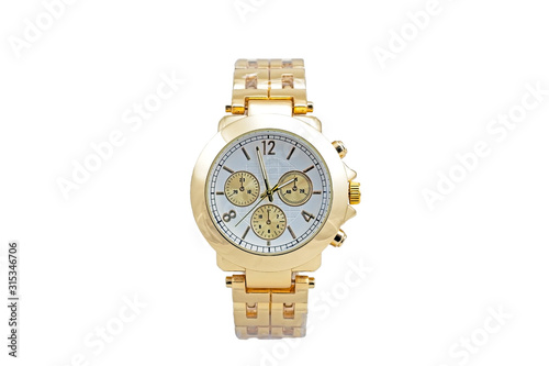 Men's gold colored wristwatch, classic round shape, with metal strap, white clock face dial and chronometer - timer functions isolated on white background.