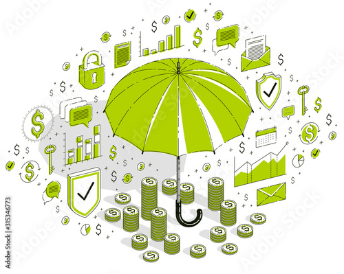 Insurance policy concept, umbrella with cash money dollar stack and coins isolated on white background. Isometric 3d vector finance illustration with icons, stats charts and design elements.
