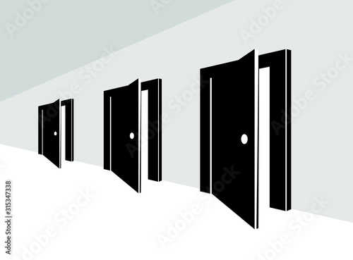 Different doors half open symbolizes diversity of variants and choosing alternate options vector illustration 3d modern poster style.