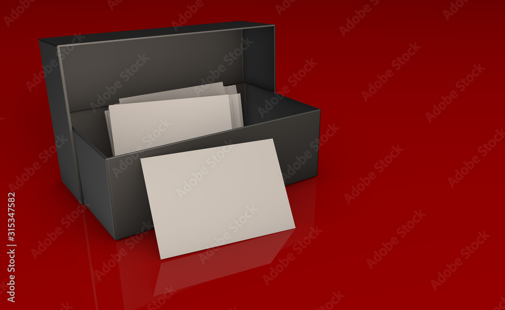 3d rendering of box with business cards on red glass background 3d rendering of box with business cards on red glass background