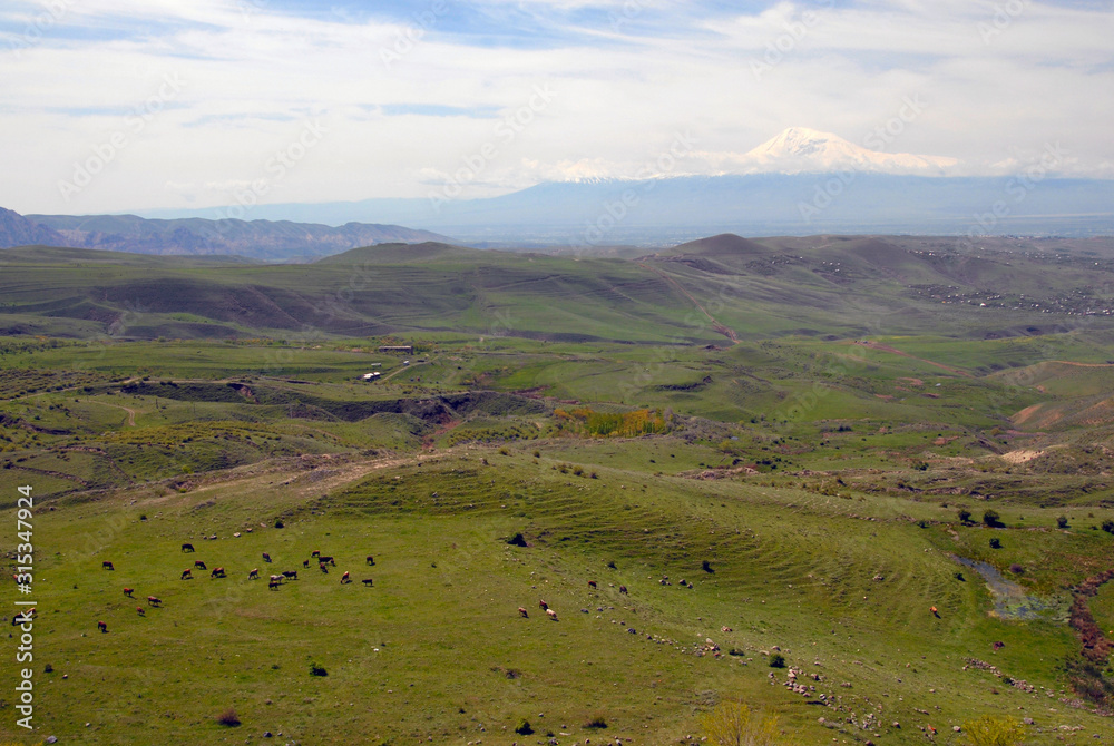 View at Ararat Mount from the Charents Arch. Kotayk Region. Armenia.