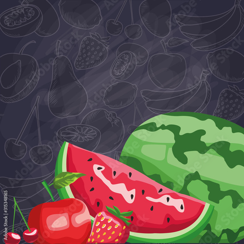 fresh fruit watermelon apple strawberry cheery food healthy