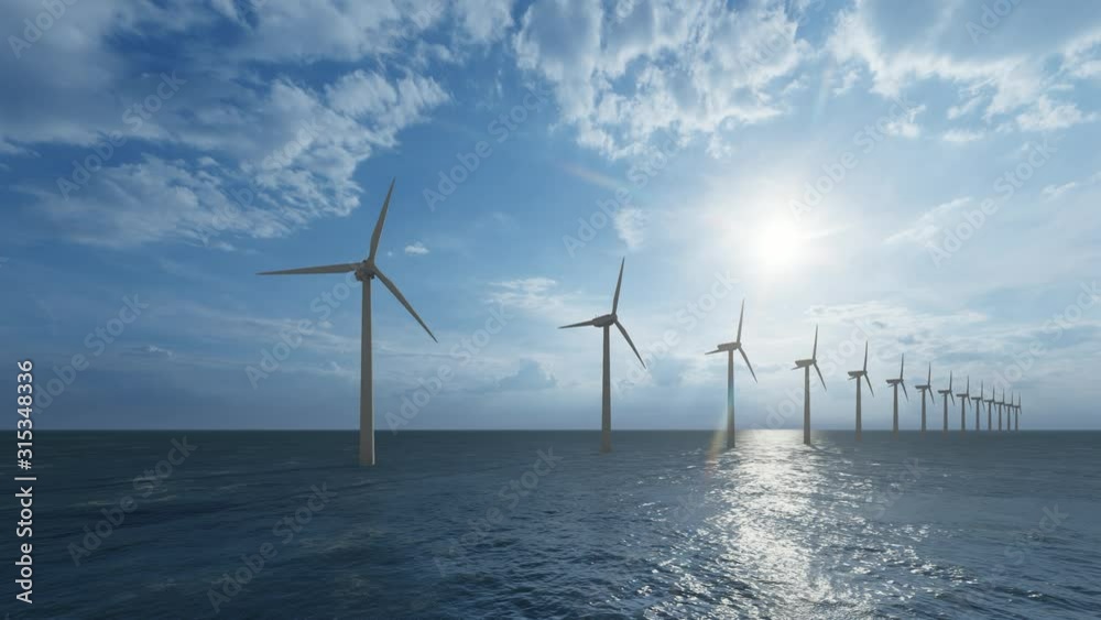 Row of large wind generators in the ocean 4k