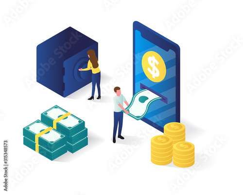 online banking isometric illustration, money online 3d isometric illustration