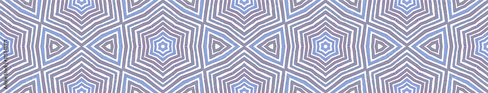 Blue Seamless Border Scroll. Geometric Watercolor  - obrazy, fototapety, plakaty 