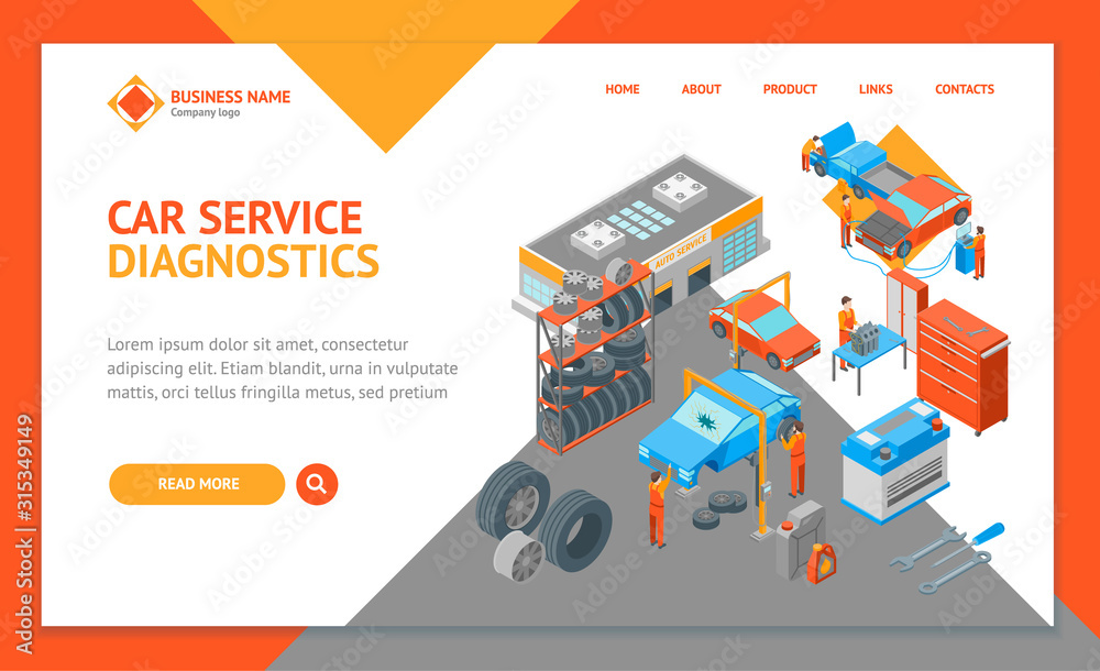 Auto Service 3d Landing Web Page Template Isometric View. Vector