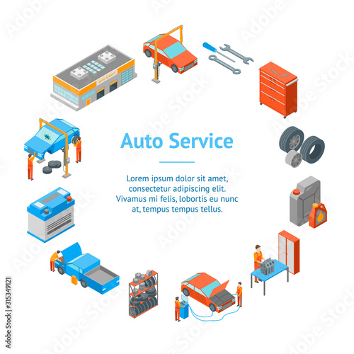 Auto Service 3d Banner Card Circle Isometric View. Vector