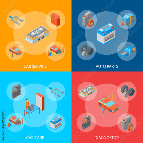 Auto Service 3d Banner Set Isometric View. Vector